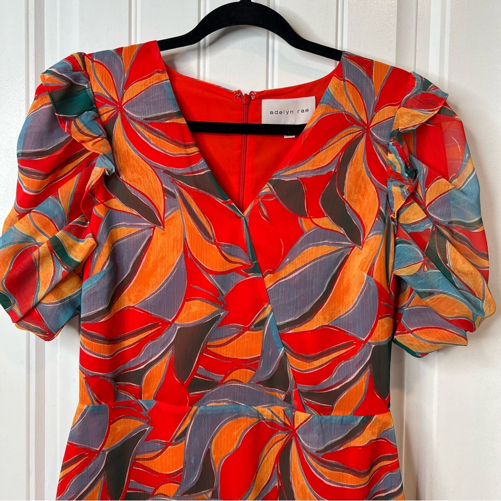 Adelyn Rae Pauline Puff Sleeve Blood Orange Multi Leaf Print Mini Dress. Size M. - Picture 8 of 16